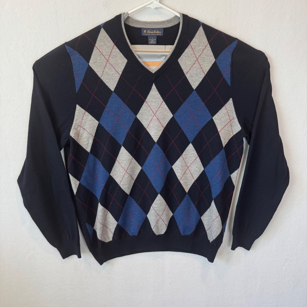 Brooks Brothers Mens Large Extra Fine Italian Merino Wool Argyle V-Neck Sweater